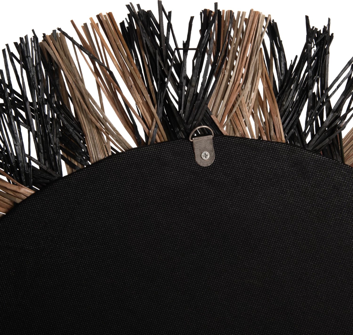 Pasqyrë muri e rrumbullakët, FH7833, kornizë e thurur nga bari Mendong, ngjyrë e zezë dhe natyrale, Φ70 cm