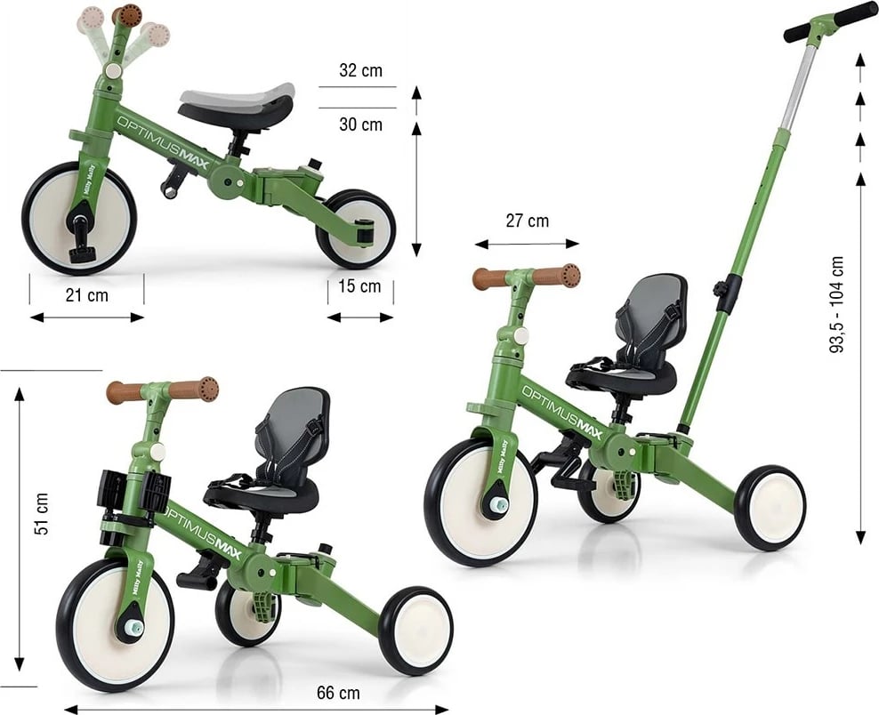 Tricikël & biçikletë balancuese 5‑në‑1 me dorezë prindi, Milly Mally Optimus Max, rrota shkumë, kornizë çeliku, 12M+, e gjelbër