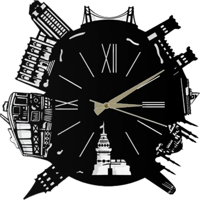 Orë muri dekorative metalike Wallity, Time In İstanbul, e zezë, 50x50cm