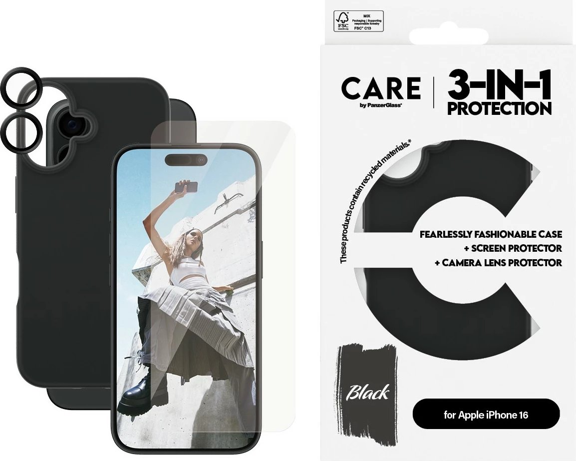 Mbështjellës PanzerGlass për iPhone 16, transparent, 3-në-1