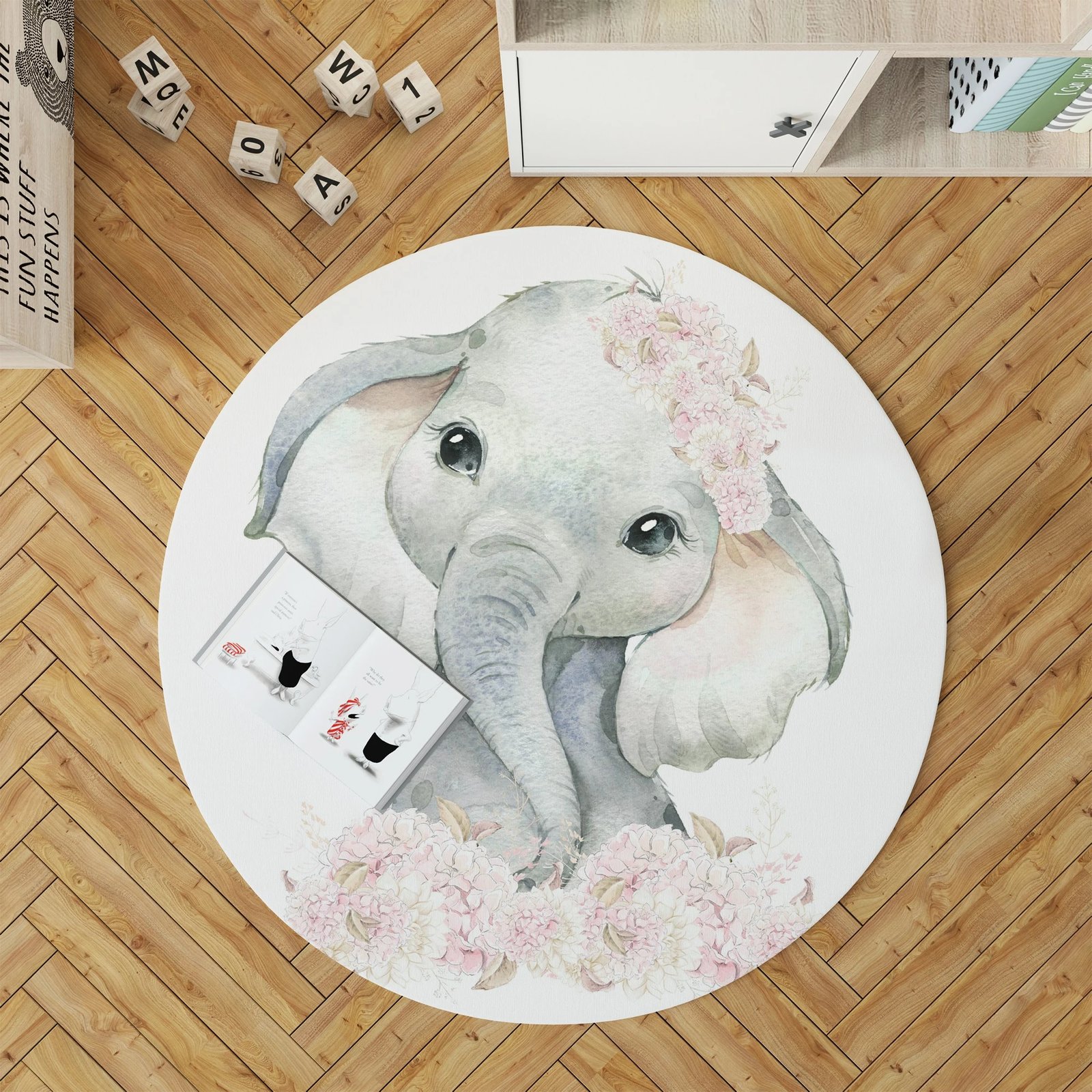 Qilim i rrumbullakët për fëmijë, dizajn elefant, Woopamuk150, 100x100cm