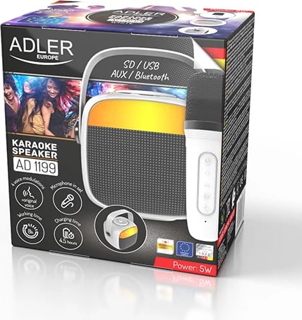 Altoparlant karaoke, Adler, AD 1199 W, Bluetooth 5.1 SD/USB/AUX 8 orë punë USB-C, i bardhë, me mikrofon