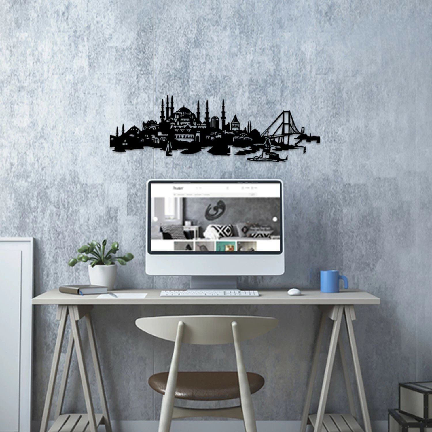 Aksesor dekorativ metalik për mur, Wallity, Şehr-i İstanbul, ngjyrë e zezë, 70x23cm