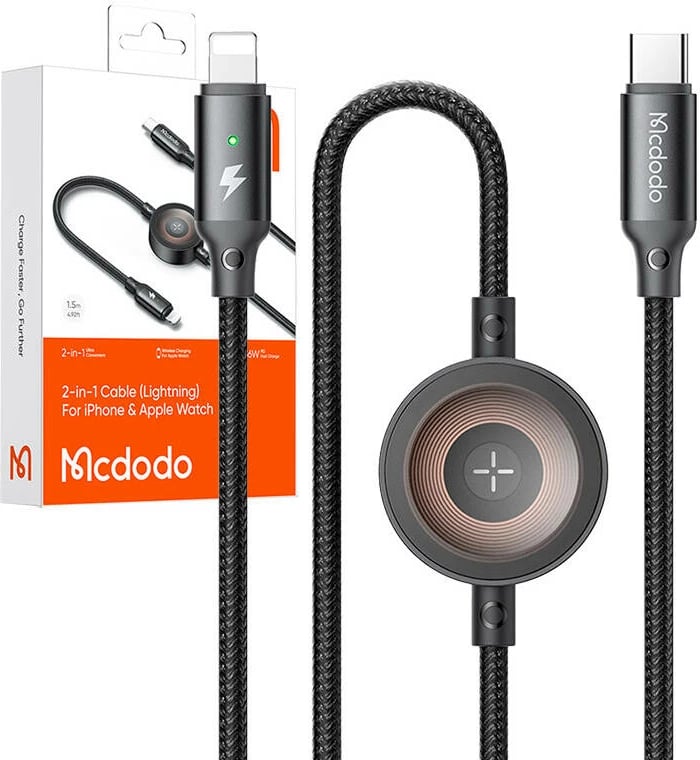 Kabllo 2-në-1 Mcdodo CA-5680, USB-C në Lightning + karikues për Apple Watch, 36W, 1.5m, e zezë