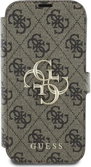 Mbështjellës folio Guess 4G Metal Logo për iPhone 16 Pro 6.3, TPU/PC/eko lëkurë, me xhepë karta dhe qëndrim, kafe