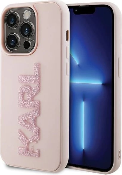 Mbështjellës Karl Lagerfeld 3D Rubber Glitter Logo për iPhone 15 Pro, rozë