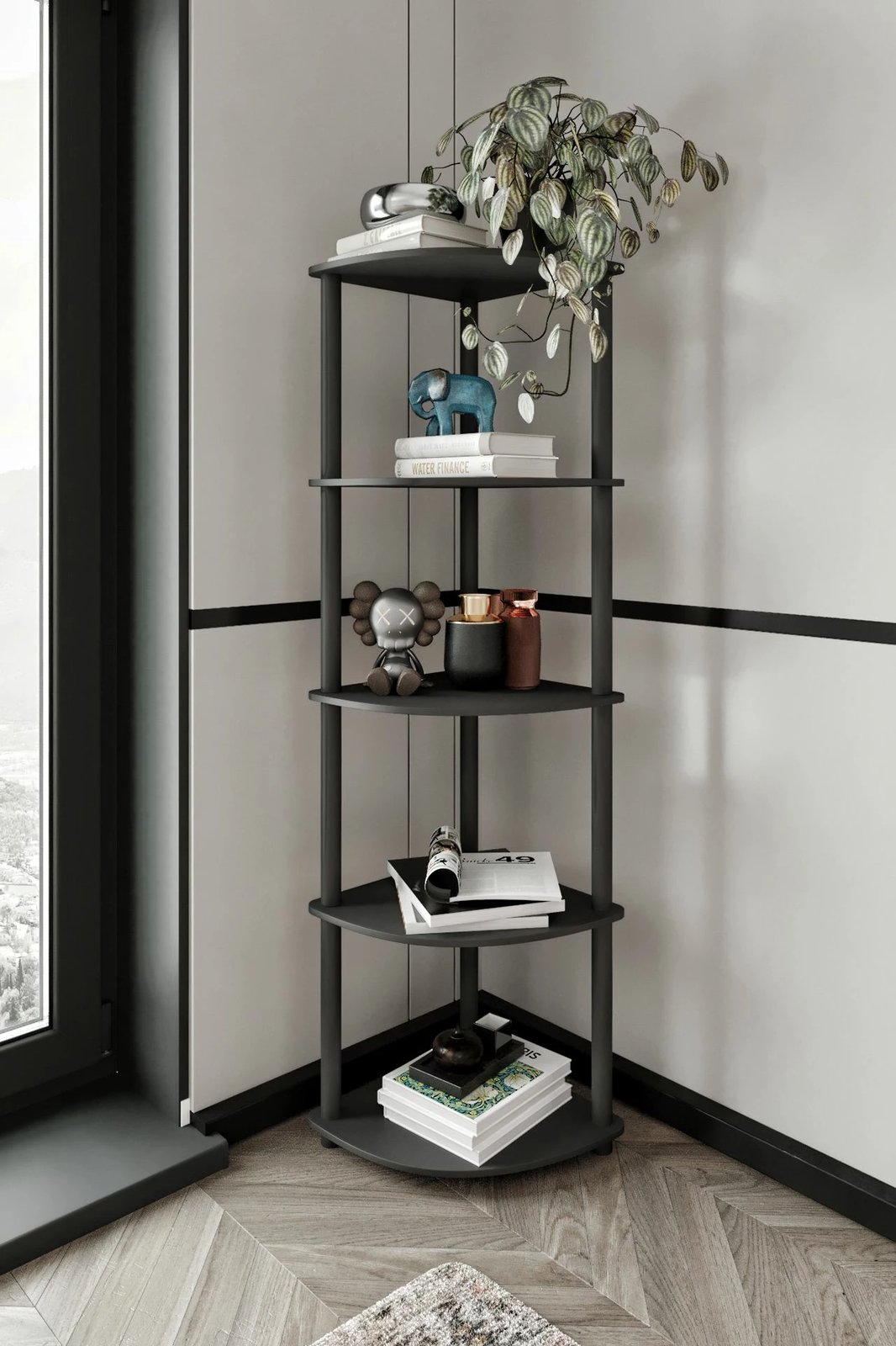 Raft këndi për libra Skye Decor, i zi, 5 nivele