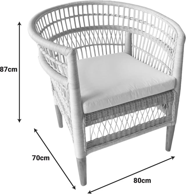 Fotel Necorian, dru tik, pe ratan natyral, jastëk i bardhë, 80x70x87cm