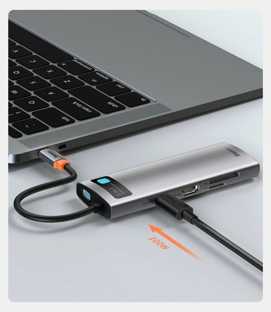 HUB Baseus Metal Gleam 8in1, USB-C, HDMI 4K, RJ45, 100W PD, Gri