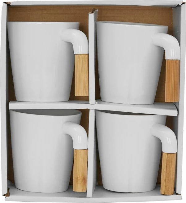 Set 4 gota Nordic, porcelan i bardhë, dorezë bambuje, 23x23x9cm