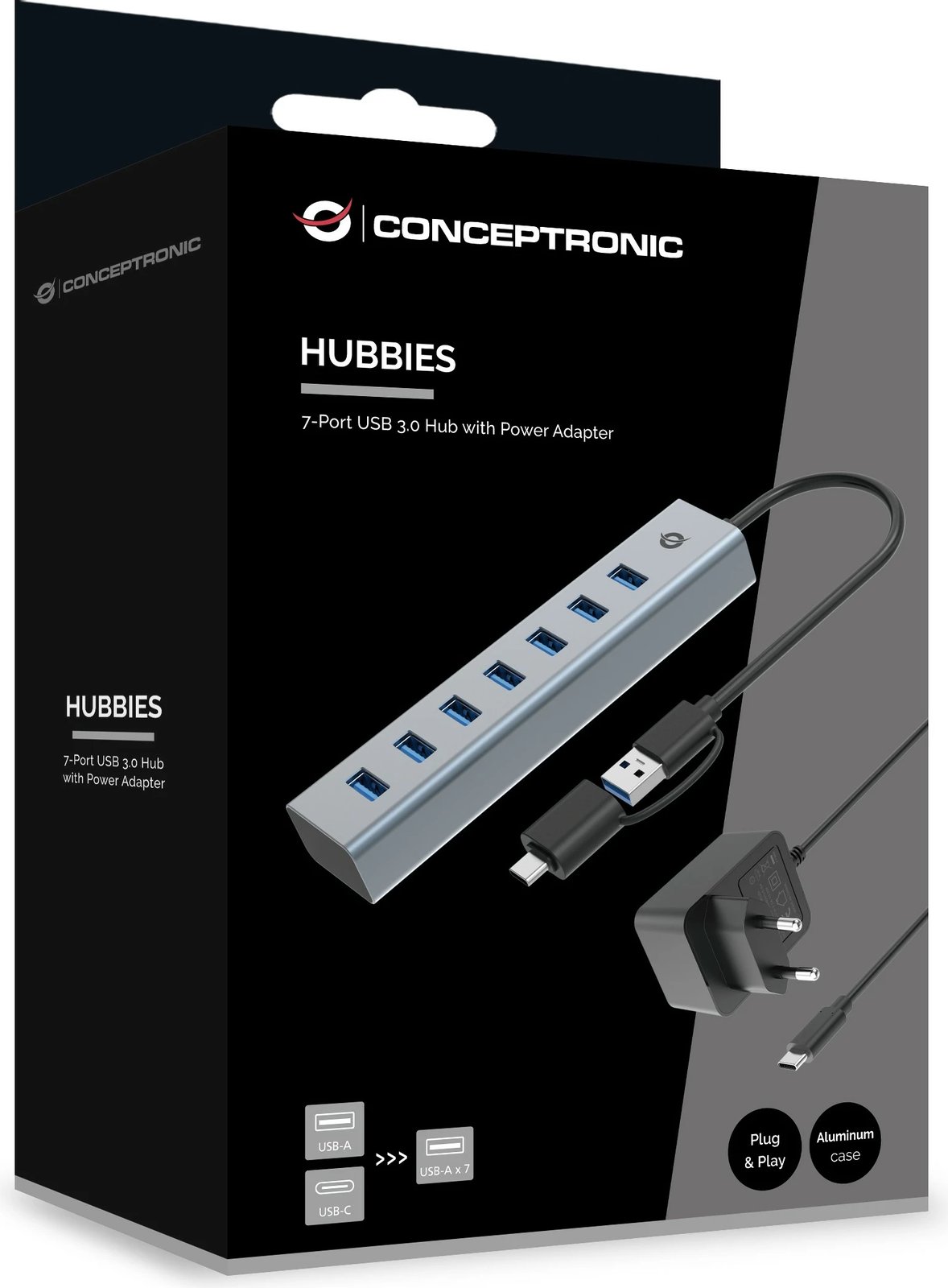 Hub USB 7-portësh Conceptronic, USB-A 3.0/USB-C, me adapter, gri