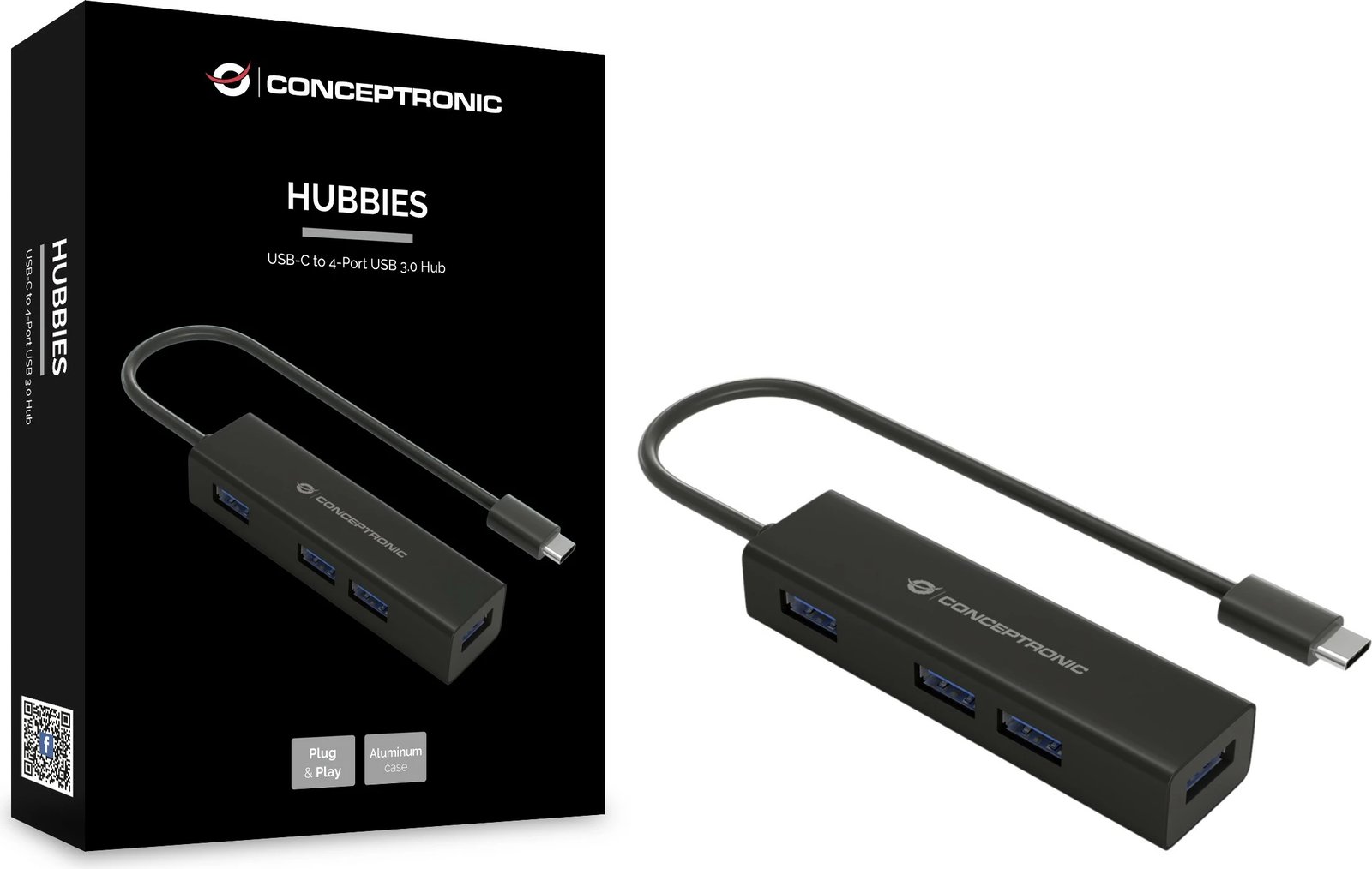 USB hub Conceptronic 4 porte, USB-C në 4x USB 3.0, i zi