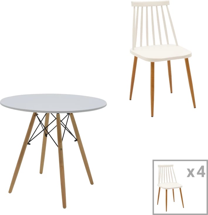 Tavolinë me karrige, 5 pjesë, ngjyrë bardhë-natyrale, D80x73cm