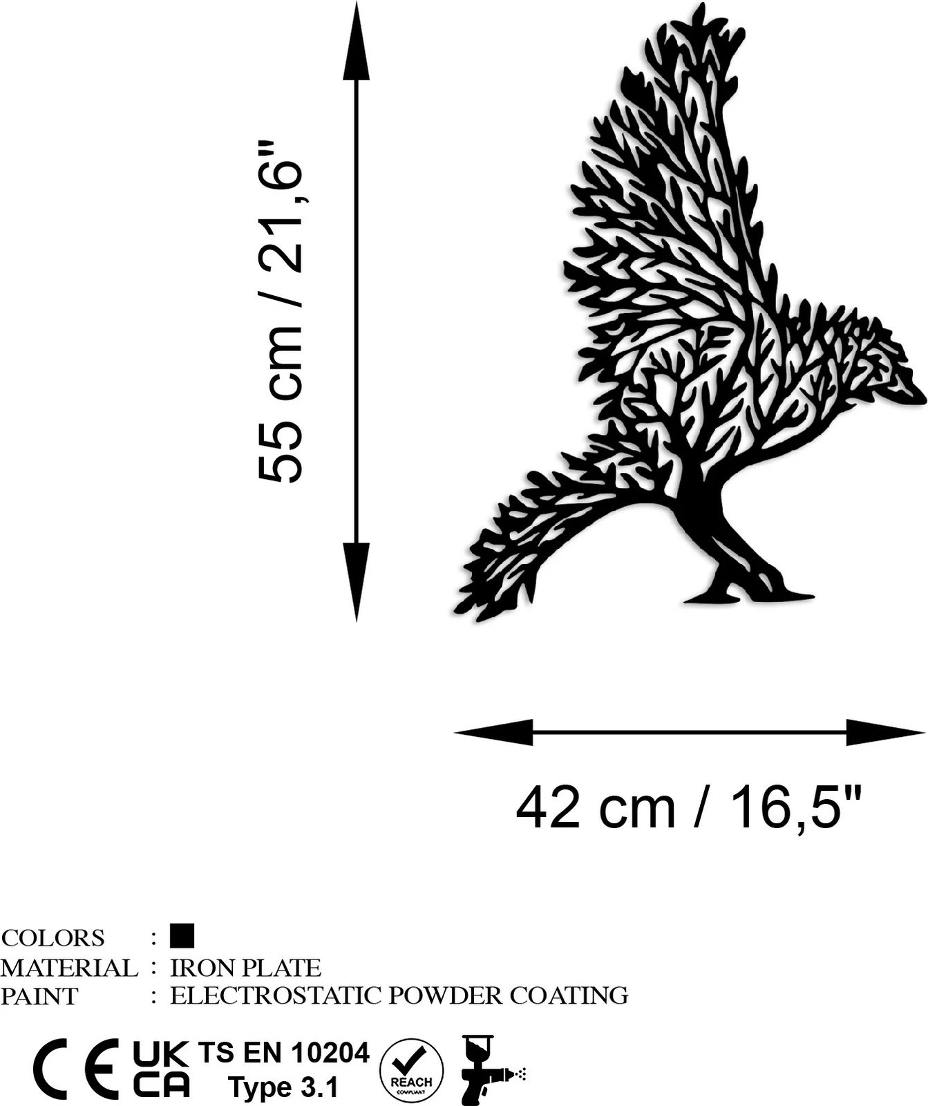 Aksesor dekorativ metalik për mur, korb, Wallity, ngjyrë e zezë, 55x42cm