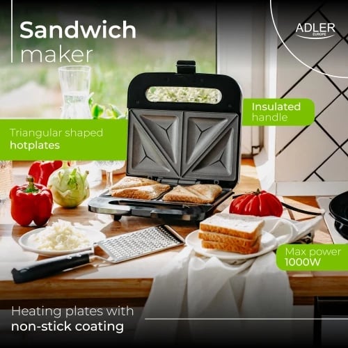 Toster për sanduiçe Adler AD 3076, pllaka trekëndëshe jo-ngjitëse, 750W (max 1000W), 2 drita treguese, argjendtë/zi Toster për sanduiçe Adler AD 3076, pllaka trekëndëshe jo-ngjitëse, 750W (max 1000W), 2 drita treguese, argjendtë/zi