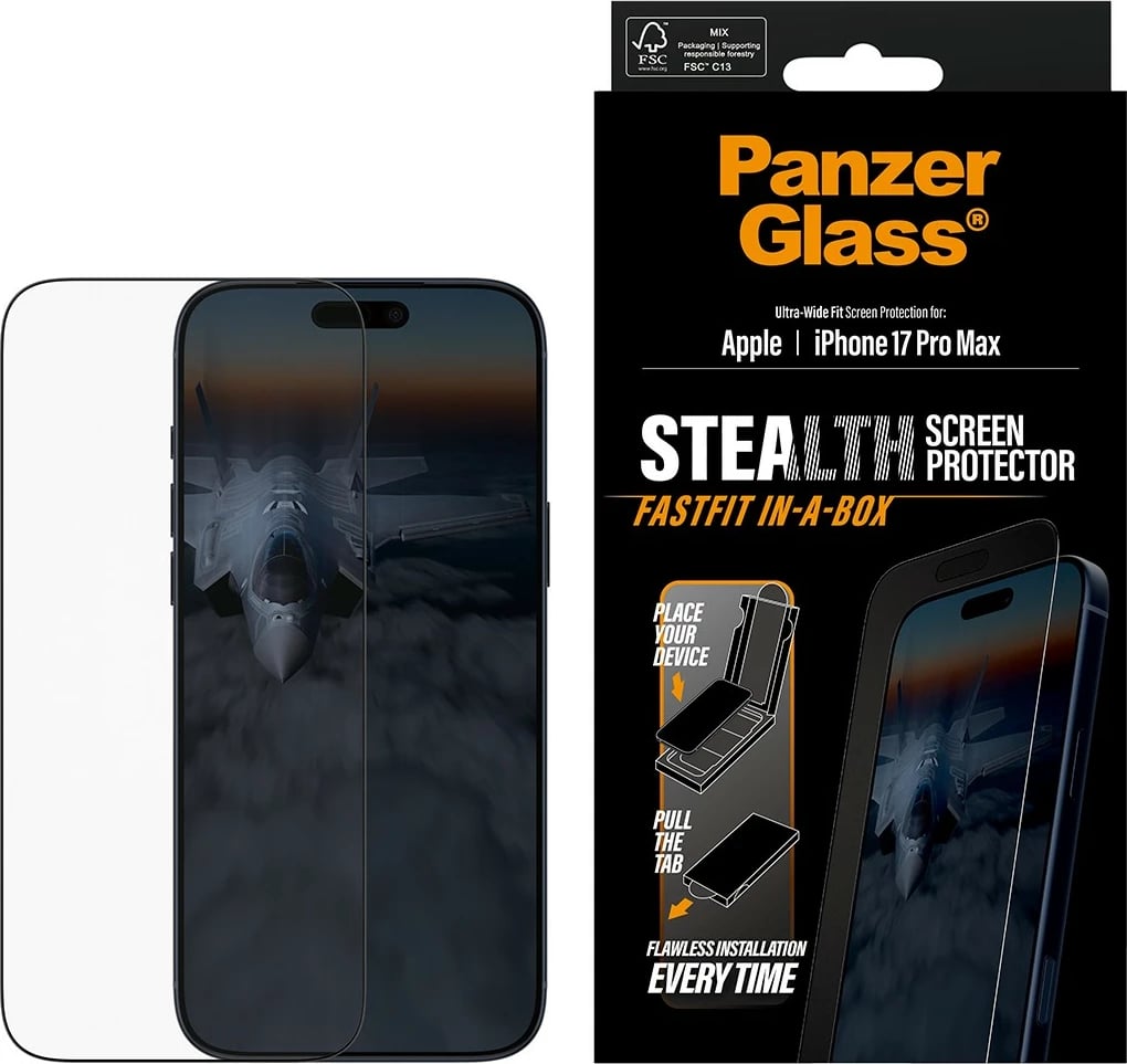 Mbrojtës ekrani PanzerGlass Stealth për iPhone 17 Pro Max, Ultra-Wide Fit, Fastfit, kornizë e zezë