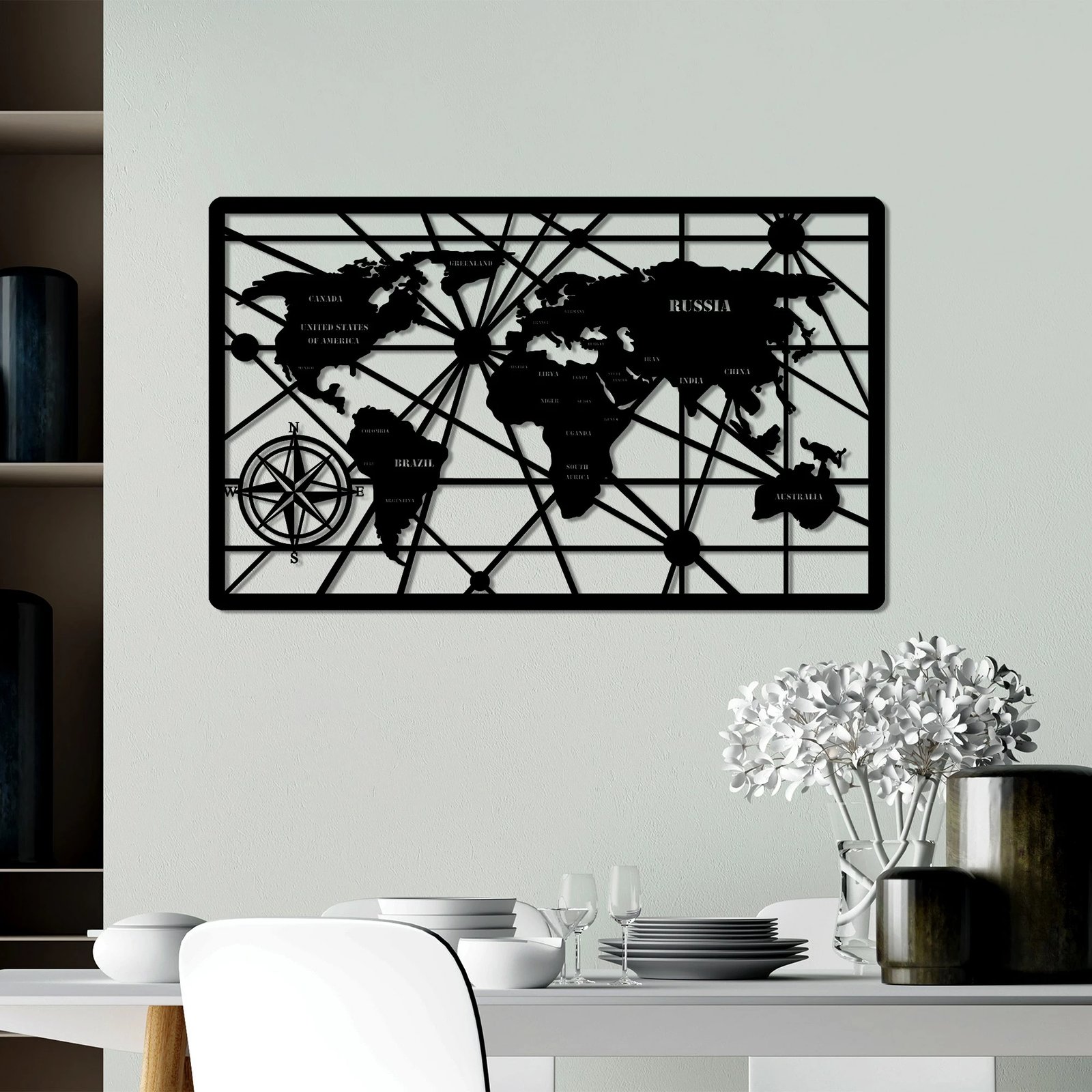 Aksesor dekorativ metalik për mur, hartë bote, Wallity, 50x82cm, e zezë