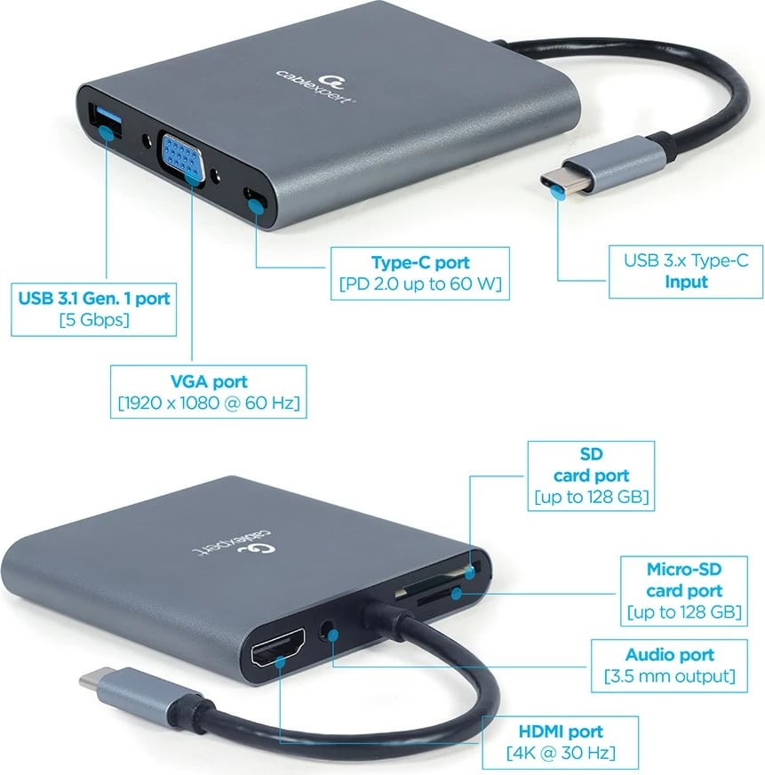 USB-C Hub Gembird A-CM-COMBO6-01, 6 në 1, HDMI, VGA, USB 3.0, Lexues kartelash, Gri
