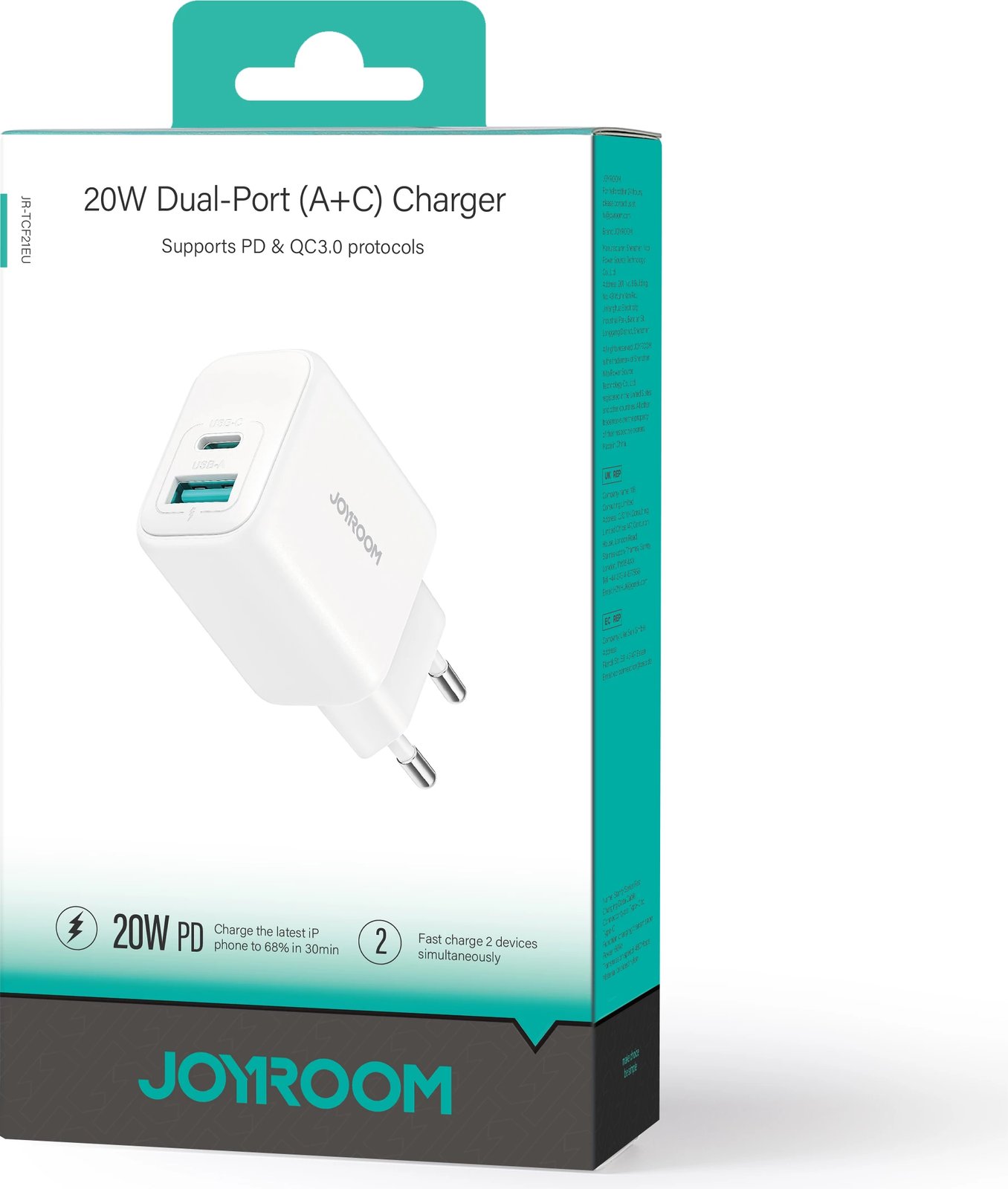 Karikues muri Joyroom JR-TCF21 20W PD/QC 3.0 2 porta USB-C/USB-A prizë UK i bardhë