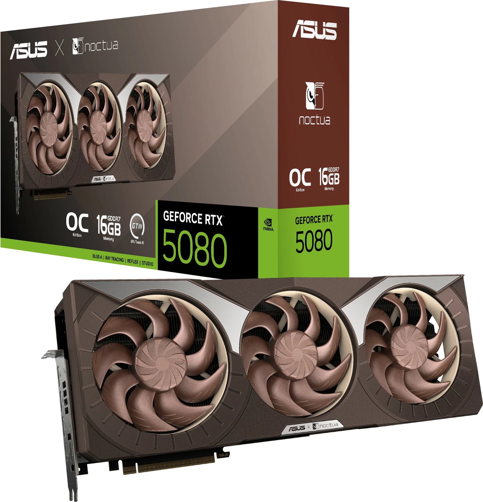 Kartelë grafike ASUS RTX 5080 Noctua OC Edition 16GB GDDR7, 3 ventilatorë, kafe Kartelë grafike ASUS RTX 5080 Noctua OC Edition 16GB GDDR7, 3 ventilatorë, kafe