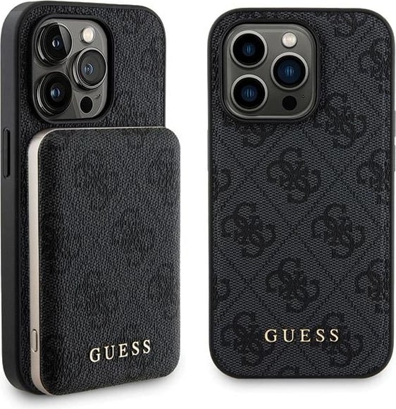 Mbështjellës Guess 4G Metal Logo me powerbank MagSafe 5000mAh për iPhone 13 Pro, Zi, Set
