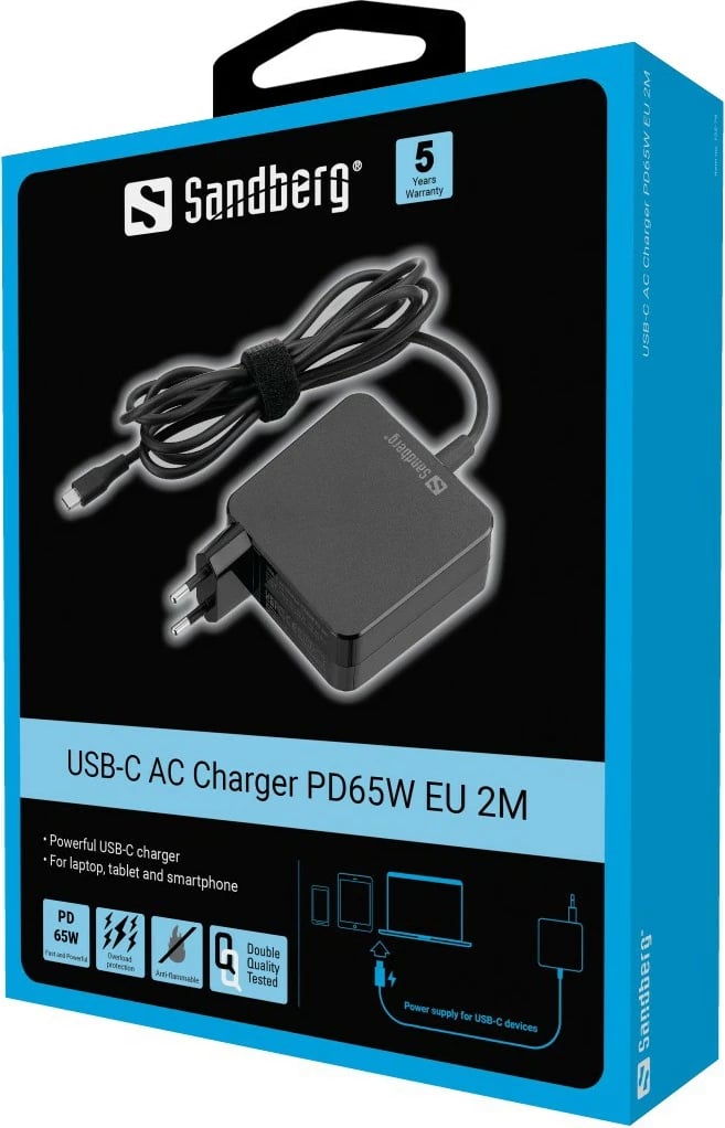 Karikues USB-C Sandberg PD65W, 2M, i zi