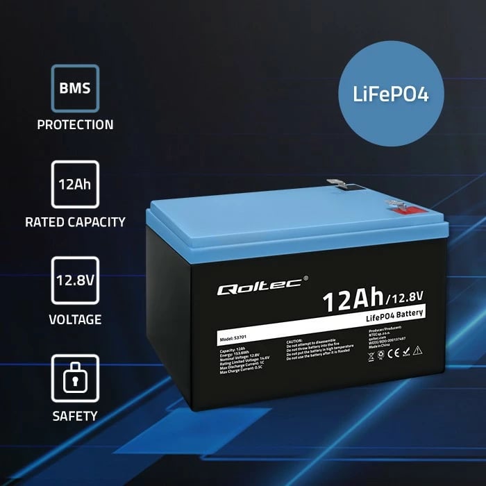 Bateri LiFePO4 Qoltec 53701, 12.8V, 12Ah, 153.6Wh, me BMS