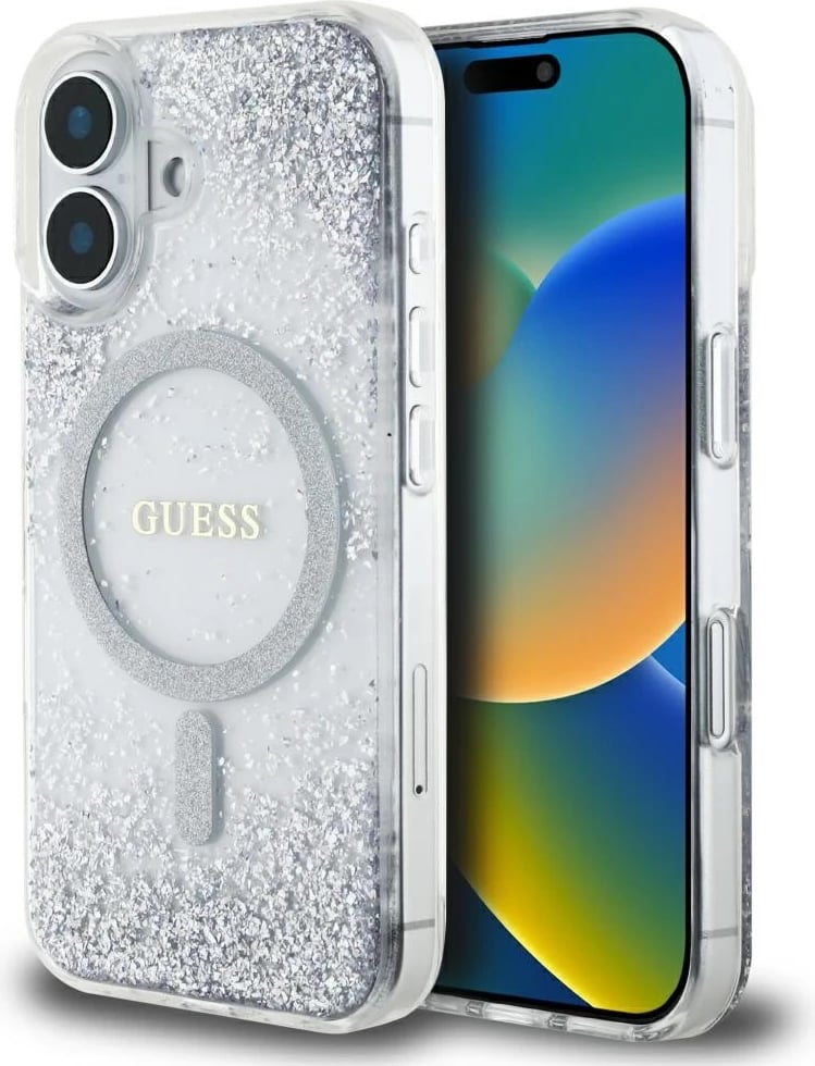 Mbështjellës Guess HC Resin Bottom Glitter MagSafe për iPhone 16, Argjendtë