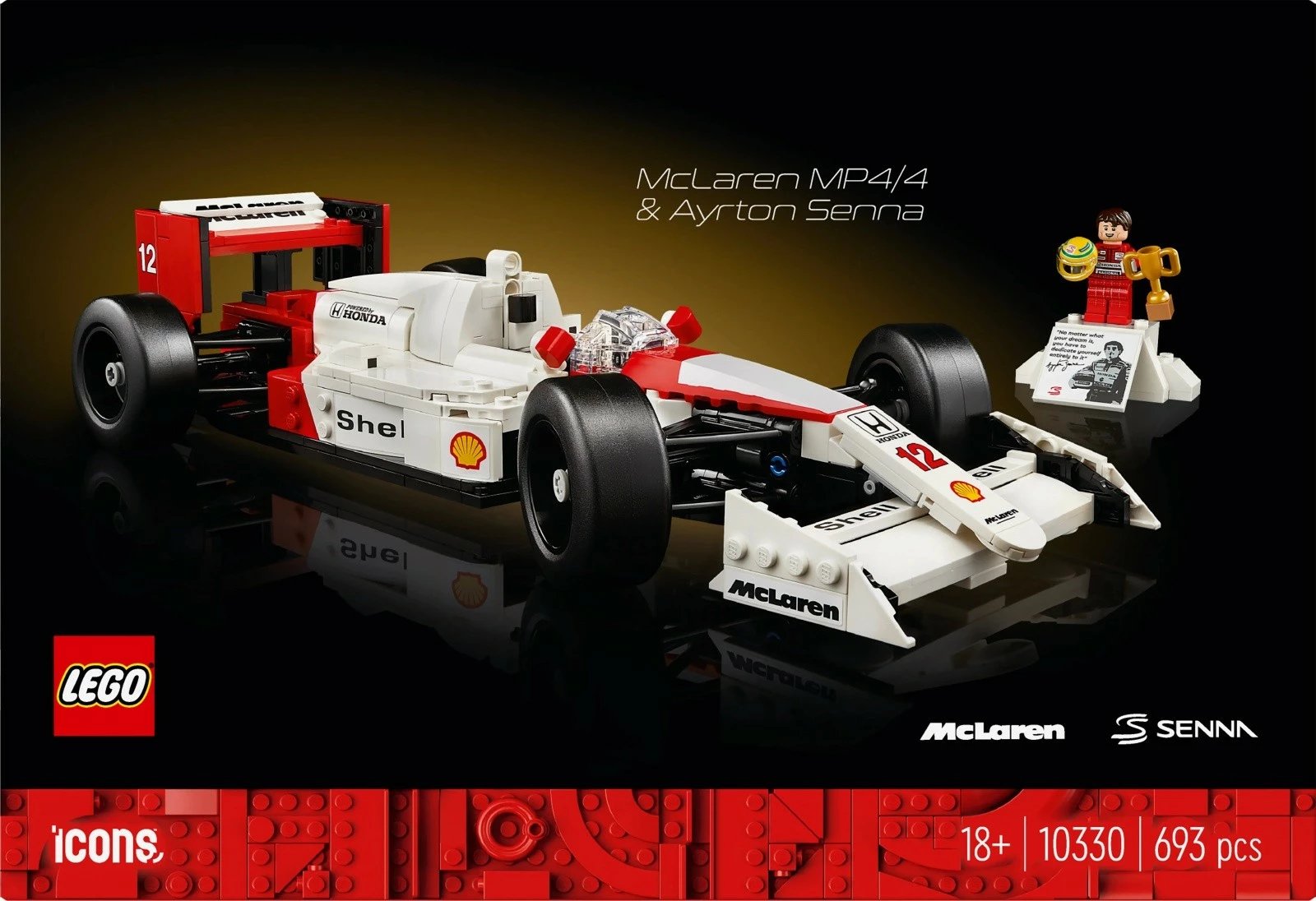 Set ndërtimi LEGO Icons McLaren MP4/4 dhe Ayrton Senna, 693 pjesë, për të rritur, bardhë/kuqe