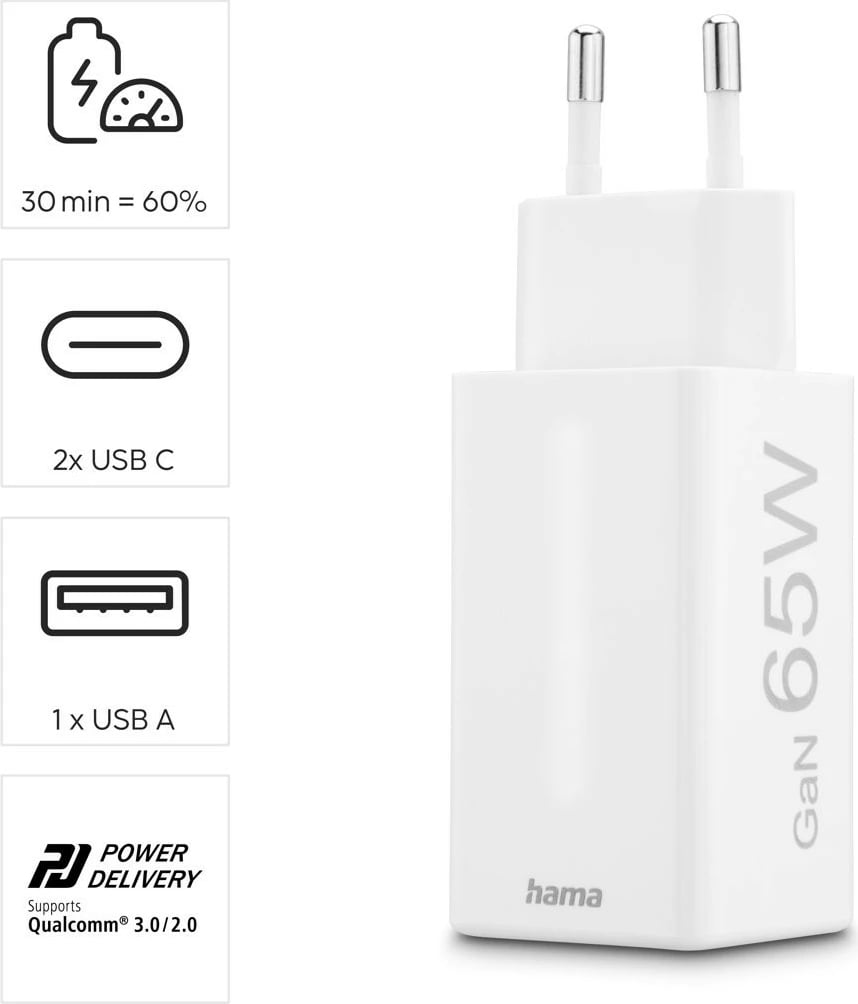 Karikues muri, Hama, 201996, GaN 65W PD/QC, 2x USB-C + 1x USB-A, i bardhë