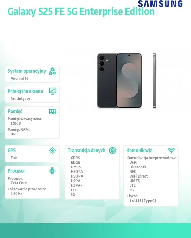 Celular Samsung Galaxy S25 FE 5G 8/128GB Dual SIM 6.7" 120Hz 4900mAh Enterprise Edition, e zezë