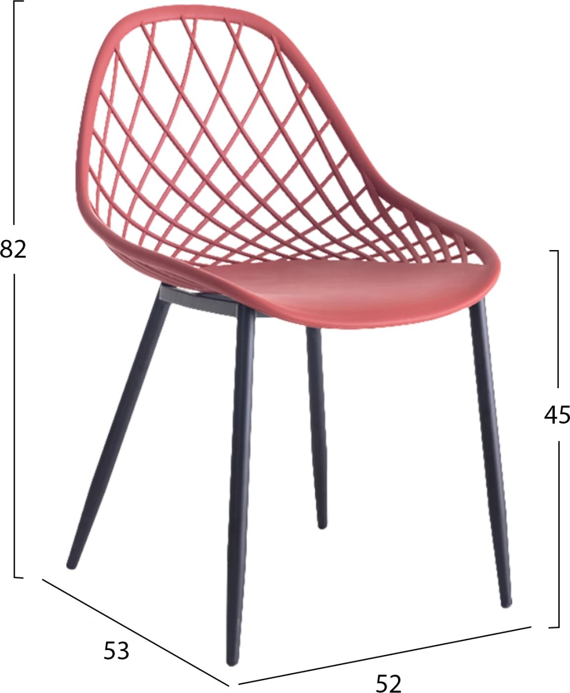 Karrige polipropileni FH9524.06, ngjyrë e kuqe, këmbë metali të zeza, 52x53x82H cm, set prej 4 copë
