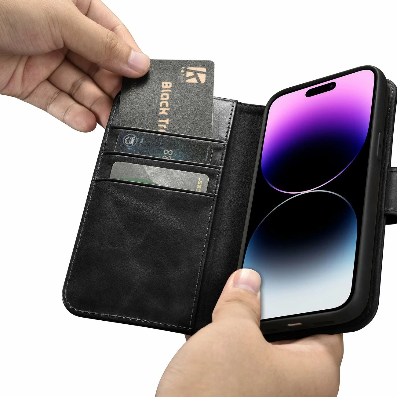 Mbështjellës iCarer Oil Wax Wallet Case 2in1 për iPhone 14 Pro, lëkurë natyrale, Anti-RFID, e zezë