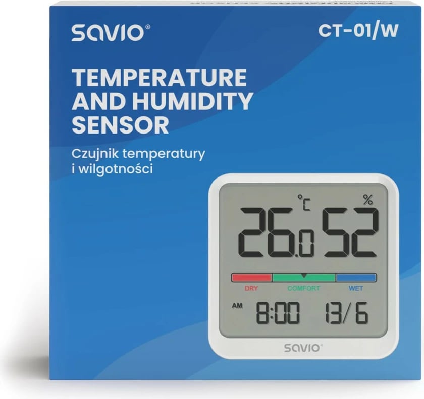 Sensor temperature dhe lagështie Savio CT-01/W, me ekran LCD, orë dhe datë, i bardhë