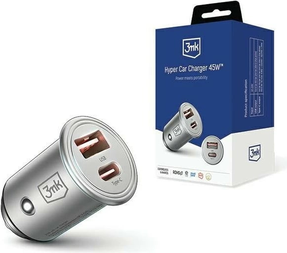 Karikues veture 3MK Hyper Car Charger 45W, 1xUSB-C + 1xUSB-A, argjendtë