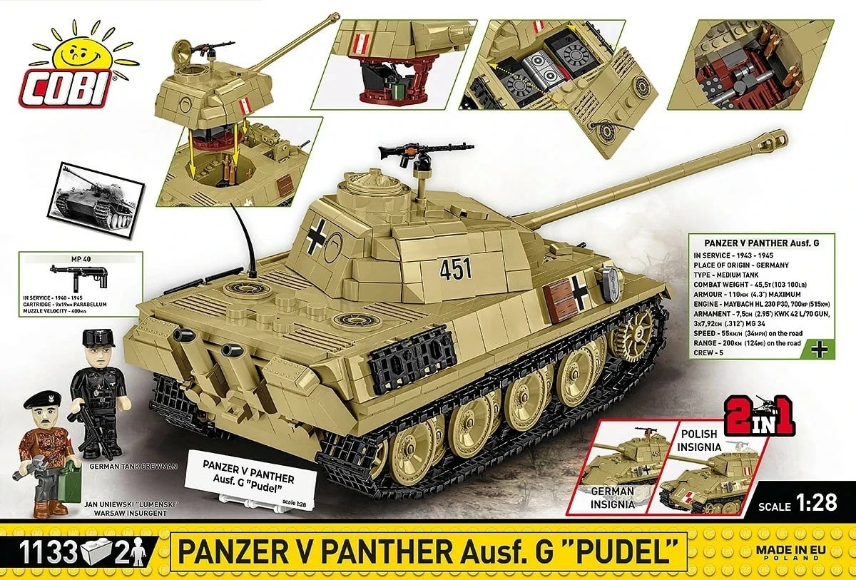 Set ndërtimi Cobi Klocki Panzer V Panther G Pudel, 1133 pjesë, plastikë, me 2 figurina