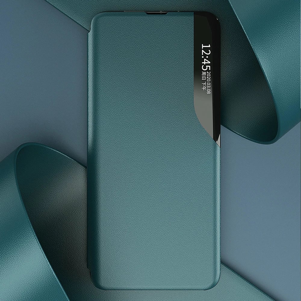 Mbështjellës Hurtel Eco Leather View Case për Samsung Galaxy A22 4G, me kapak dhe mbajtës, e zezë