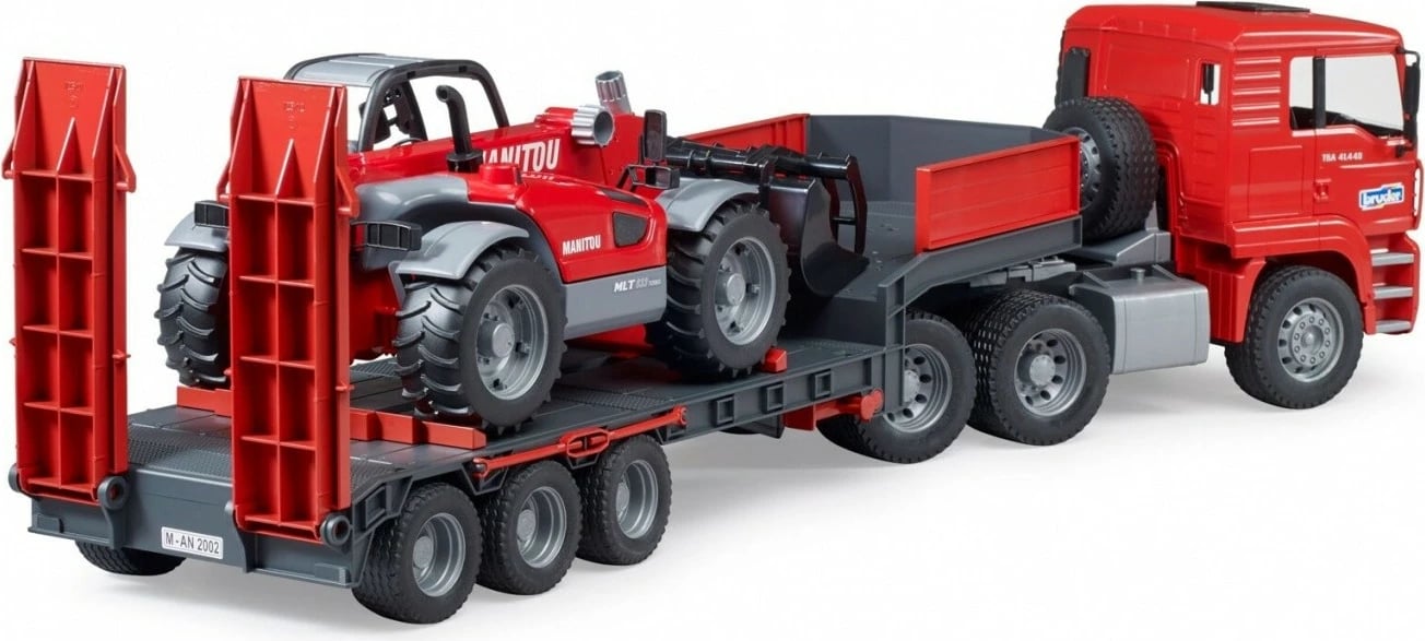 Kamion lodër BRUDER MAN TGA me rimorkio dhe ngarkues teleskopik Manitou, 1:16, Kuq