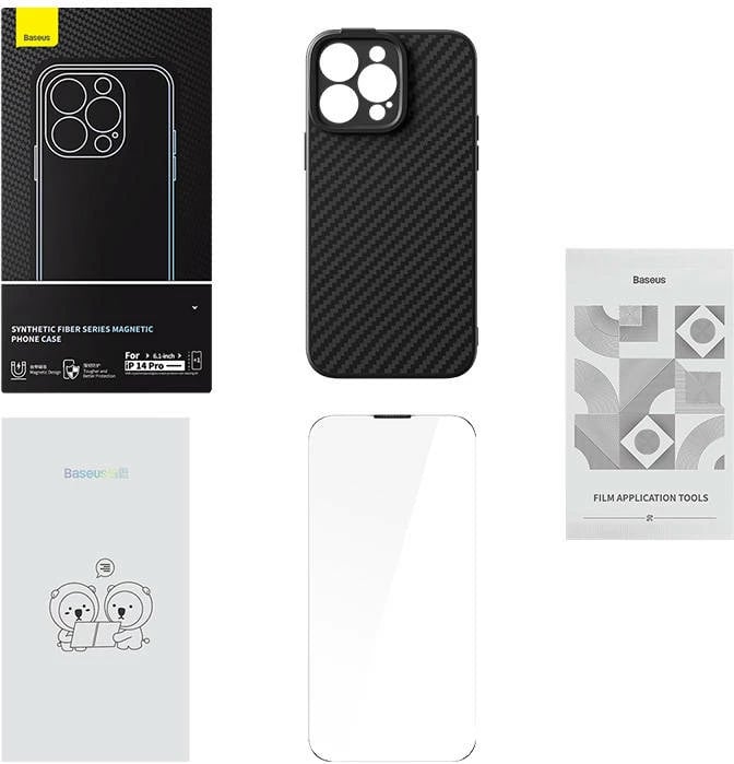 Mbështjellës magnetik Baseus Synthetic Fiber Series për iPhone 14 Pro, i zi, set me xham të temperuar dhe set pastrimi