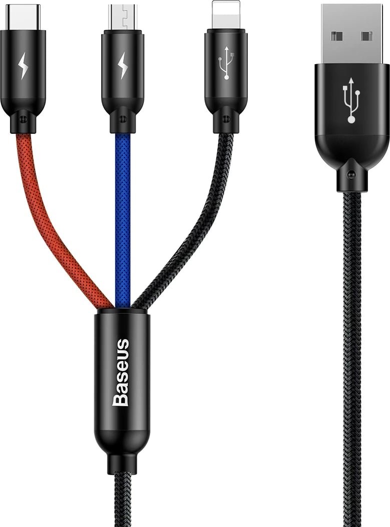Kabllo 3-në-1 Baseus Three Primary Colors CAMLT-BSY01, 0.3m, USB-A në micro USB/Lightning/USB-C, e zezë, e kuqe, e kaltër