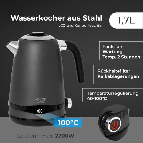 çajnik elektrik, Adler, AD1295, 1.7L, LCD me rregullim temperature 40–100°C, funksion keep warm 2 orë, inoks, gri