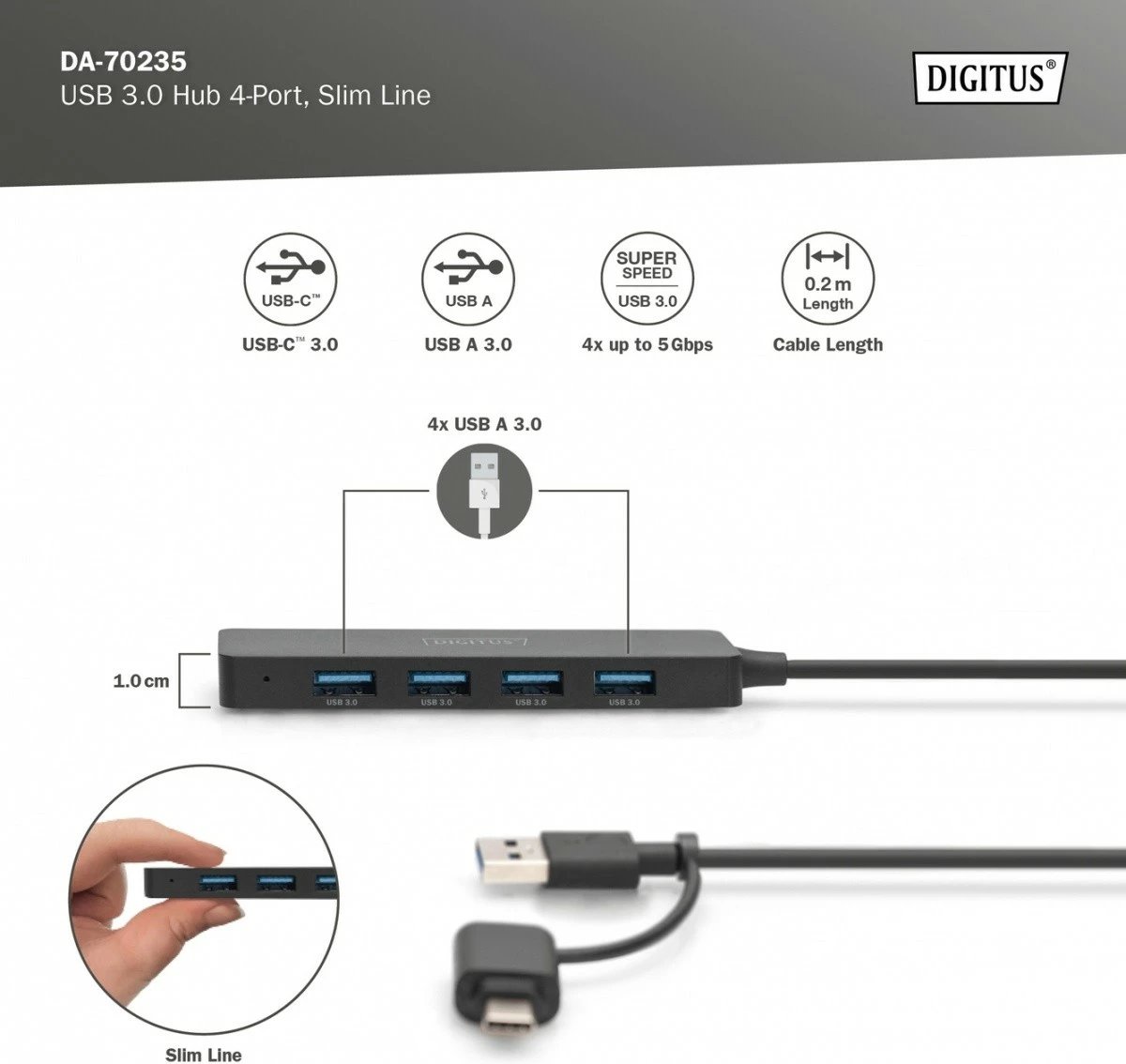Hub USB Digitus DA-70235, 4 porta USB 3.0, USB-A + USB-C, i zi