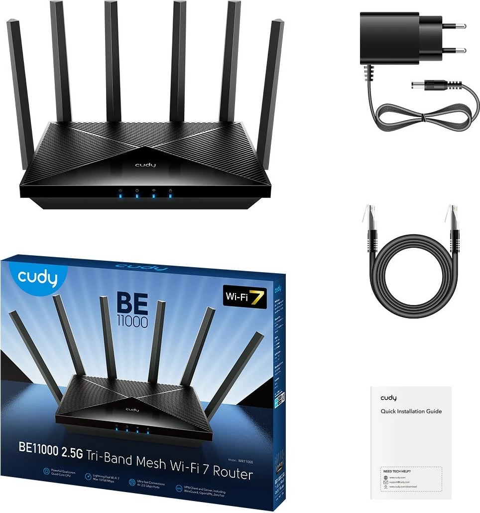 Router mesh Cudy BE11000, Wi-Fi 7, Tri-Band, 2.5G, 6 antena, e zezë