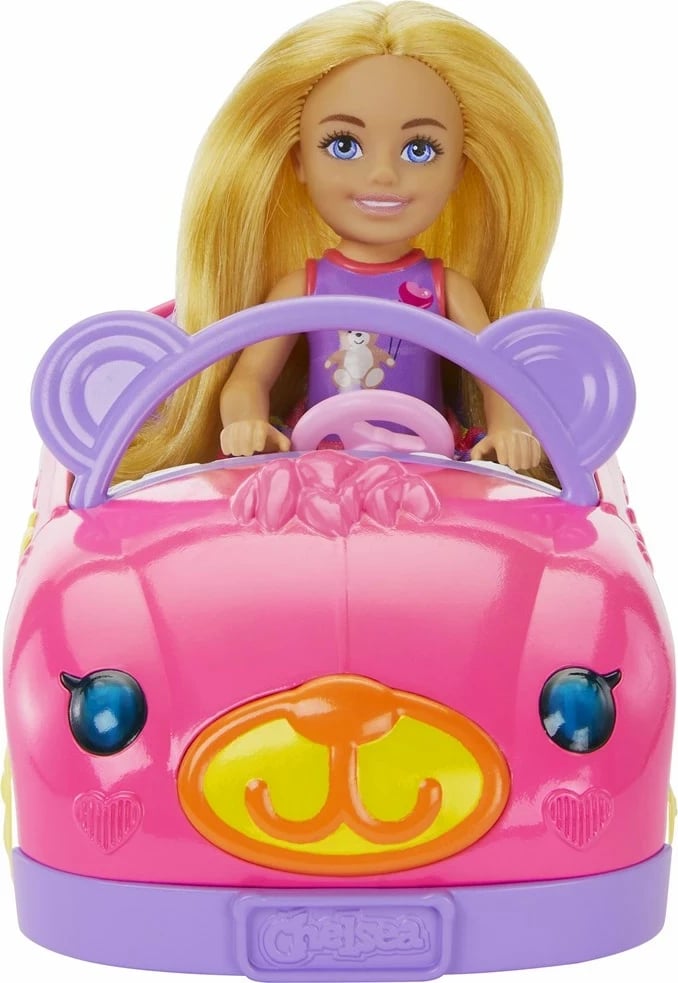 Set lodrash Barbie Chelsea me kukull të vogël bionde, makinë lodër dhe ariush, shumëngjyrëshe