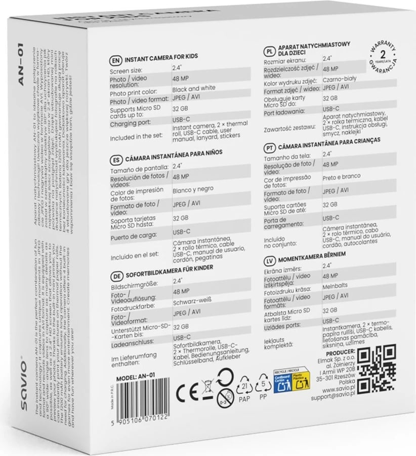 Kamerë instant Savio AN-01 48MP, ekran 2.4", video AVI, printim termik pa bojë, e bardhë, set me 2 rrolla