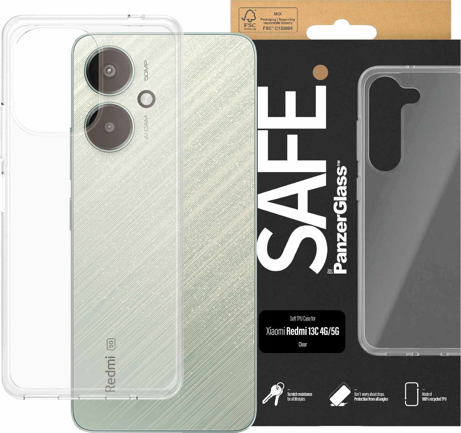 Mbështjellës PanzerGlass SAFE. për Xiaomi Redmi 13C, transparent