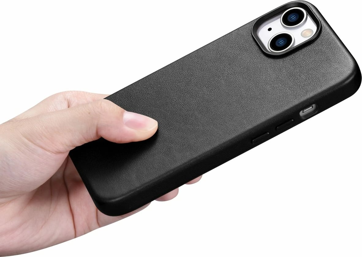 Mbështjellës iCarer për iPhone 14 Plus, lëkurë natyrale, MagSafe, zi