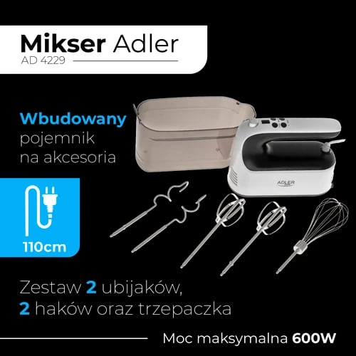 Mikser dore, Adler, AD 4229, 9 shpejtësi Turbo me LCD 600W, me kuti aksesorësh, bardh e zi