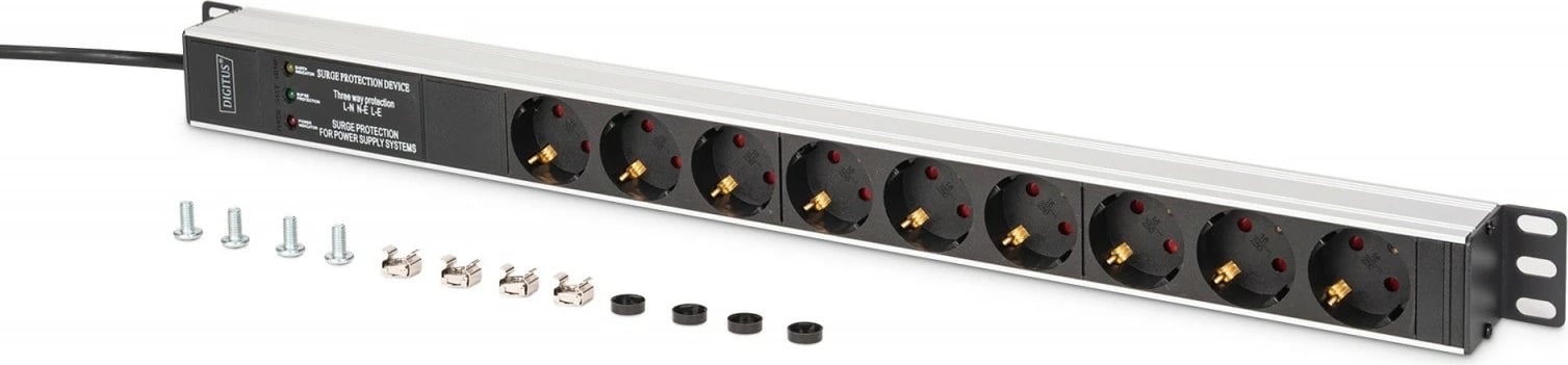 PDU listë rryme rack Digitus DN-95438, 9 prize Schuko (45°), 1U, 620 mm, mbrojtje nga mbitensioni + filtër EMI/RFI, kabllo 2 m, 16A, alumini, e zezë/argjendtë PDU listë rryme rack Digitus DN-95438, 9 prize Schuko (45°), 1U, 620 mm, mbrojtje nga mbitensioni + filtër EMI/RFI, kabllo 2 m, 16A, alumini, e zezë/argjendtë