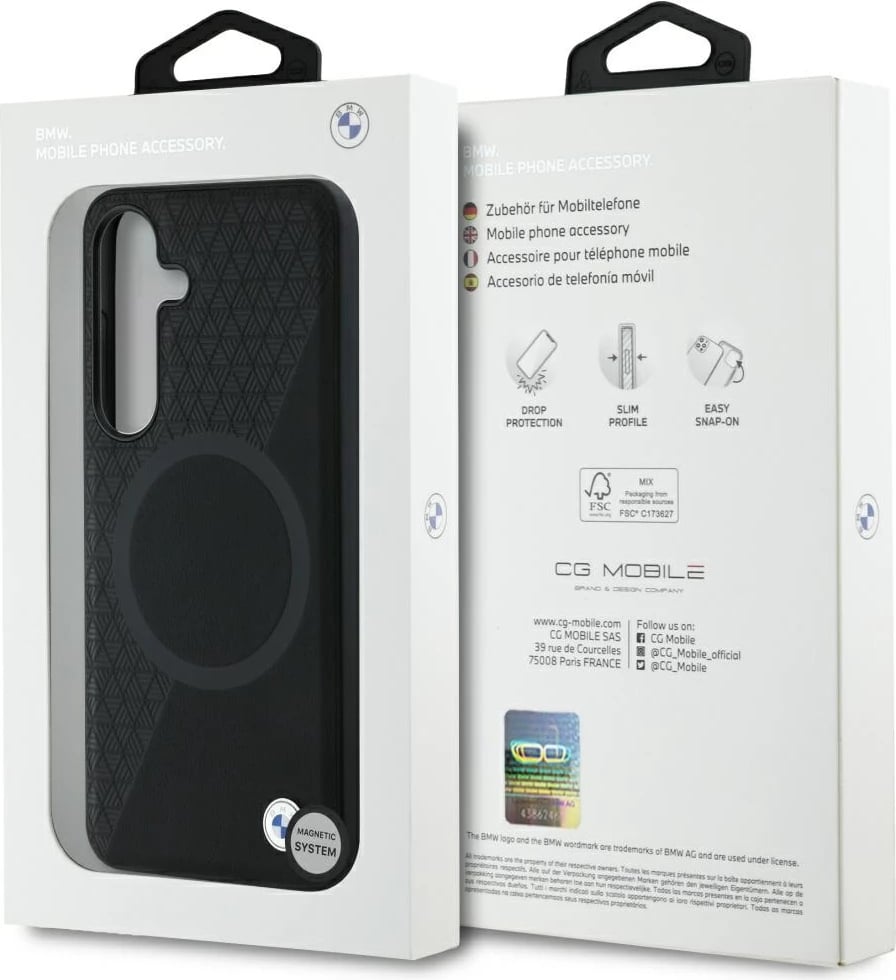 Mbështjellës BMW Leather Half Textured MagSafe për Samsung Galaxy S25, i zi